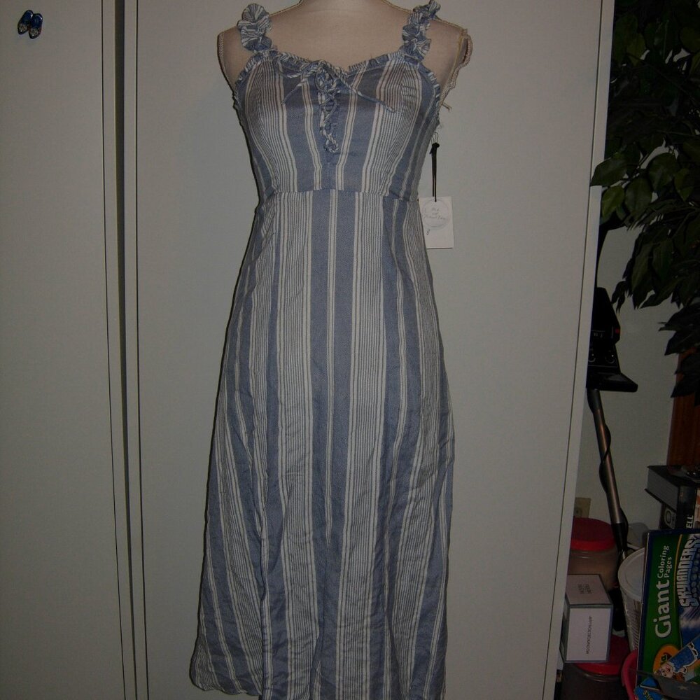 Japna Blue Striped Ruffled Linen Cotton Dress S